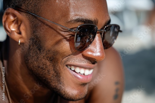 A smiling man wearing sunglasses is captured on the beach, showcasing the spirit of summer, joy, and relaxation while enjoying the sun and sea.