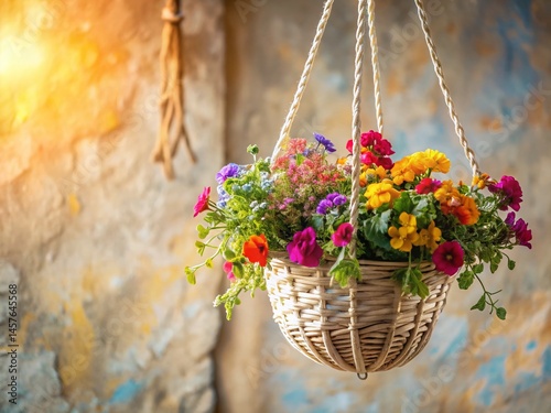 Bohemian Hanging Basket Overflowing with Vibrant Flowers - Minimalist Photography