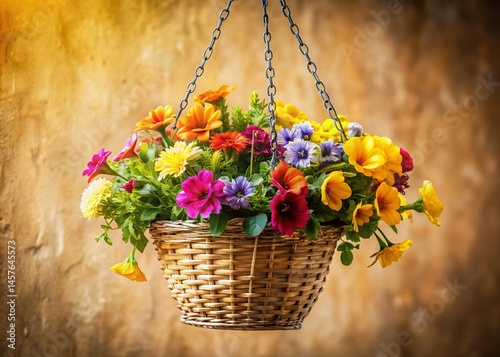 Bohemian Hanging Flower Basket Minimalist Line Art Design Stock Photo