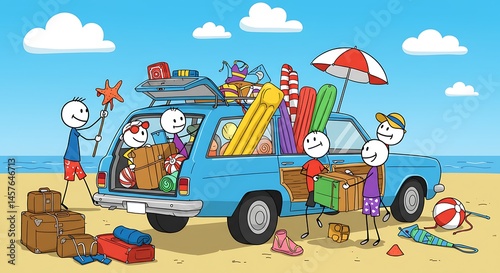 People Unloading Car at Beach for Summer Vacation