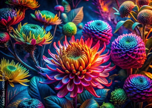 Bold Graphic Botanical Repeat Background: Surreal Floral Pattern Stock Photo