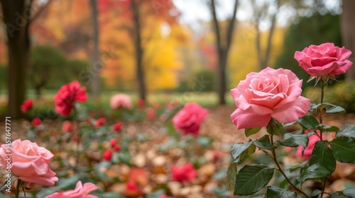 Fototapeta Naklejka Na Ścianę i Meble -  Vibrant pink and red roses in an autumn garden setting.