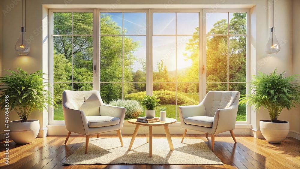 Bright Living Room with Large Window & Two White Chairs - Modern Interior Design Stock Photo Bright Living Room with Large Window & Two White Chairs - Modern Interior Design Stock Photo