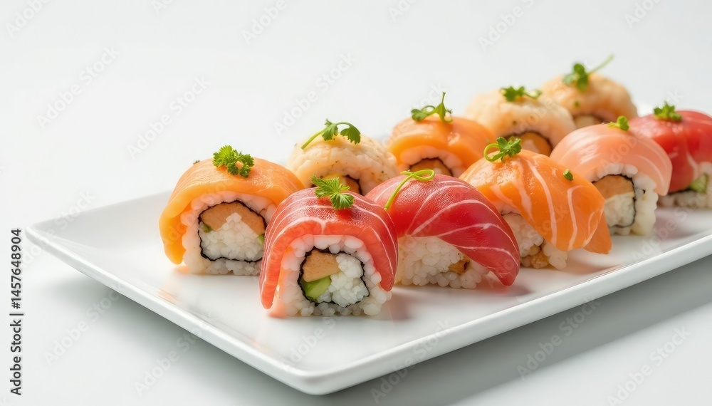 Perfectly arranged sushi platter, minimalist white background, raw, meal Perfectly arranged sushi platter, minimalist white background, raw, meal
