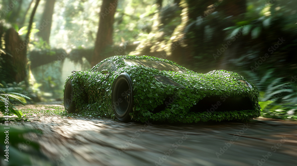 A car crafted from green leaves speeds forward, symbolizing eco-friendly transportation, renewable energy, and sustainable innovation in motion toward a cleaner environmental future.