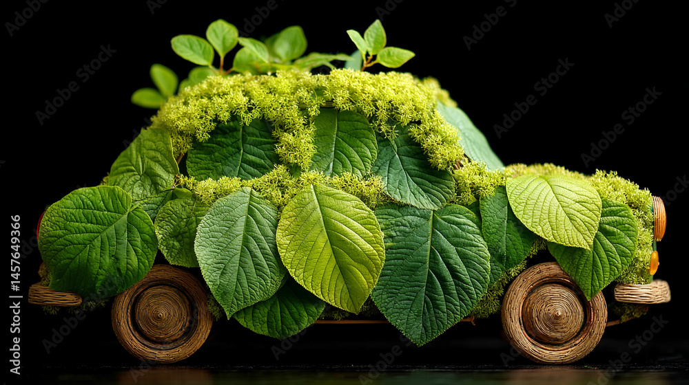 A car crafted from green leaves speeds forward, symbolizing eco-friendly transportation, renewable energy, and sustainable innovation in motion toward a cleaner environmental future.