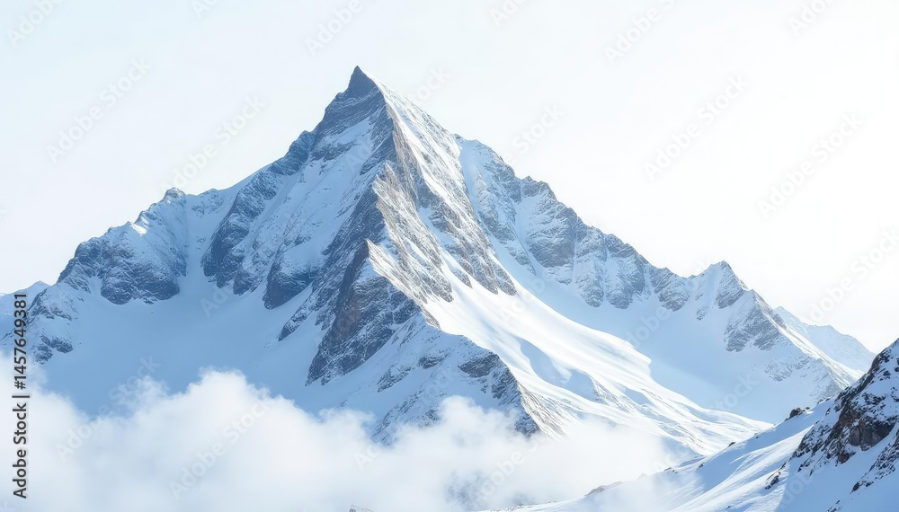 Obraz premium Snow-covered mountain peak against a bright white sky, summit, horizon, peak