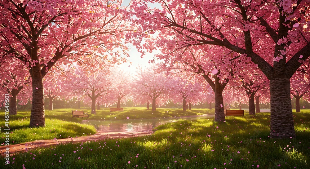 Fototapeta premium Walking Path Through Blooming Trees in Spring Landscape