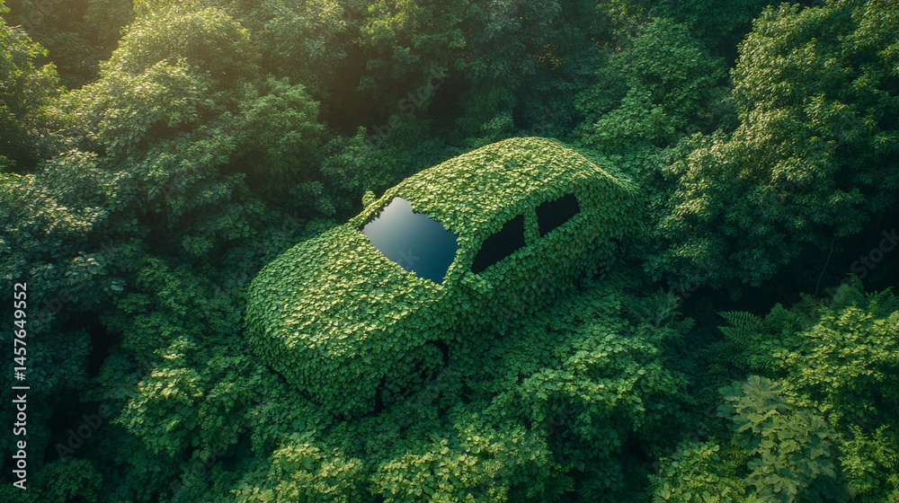 A car crafted from green leaves speeds forward, symbolizing eco-friendly transportation, renewable energy, and sustainable innovation in motion toward a cleaner environmental future.