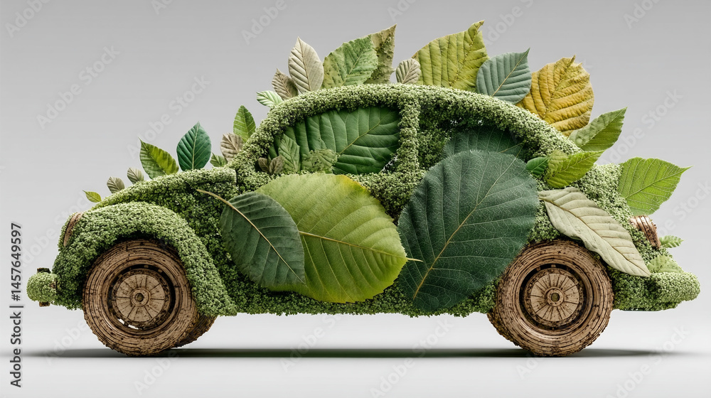 A car crafted from green leaves speeds forward, symbolizing eco-friendly transportation, renewable energy, and sustainable innovation in motion toward a cleaner environmental future.