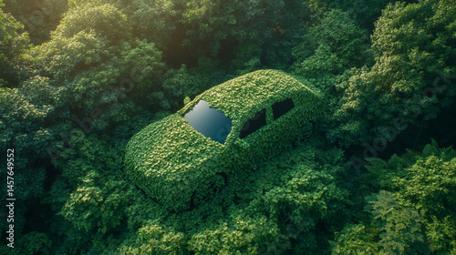 A car crafted from green leaves speeds forward, symbolizing eco-friendly transportation, renewable energy, and sustainable innovation in motion toward a cleaner environmental future.

