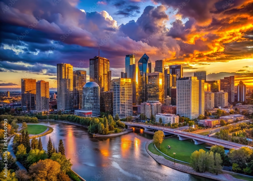 Fototapeta premium Calgary Skyline Sunset Aerial View - Dramatic Night Photography, Alberta, Canada