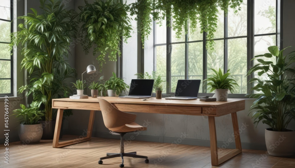 Modern wooden desk, lush green plants, minimalist office , concentration, space Modern wooden desk, lush green plants, minimalist office , concentration, space