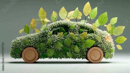 A car crafted from green leaves speeds forward, symbolizing eco-friendly transportation, renewable energy, and sustainable innovation in motion toward a cleaner environmental future.

