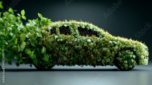 A car crafted from green leaves speeds forward, symbolizing eco-friendly transportation, renewable energy, and sustainable innovation in motion toward a cleaner environmental future.

