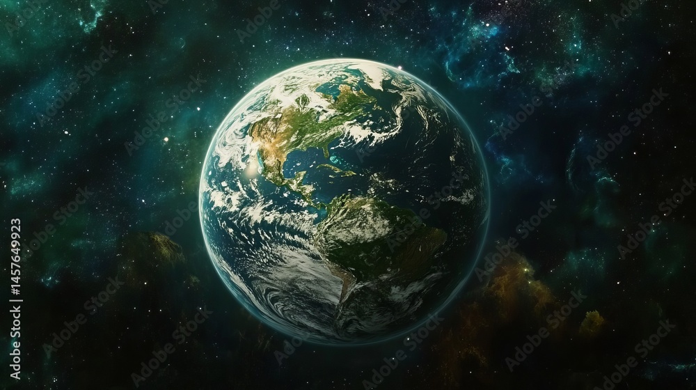 Naklejka premium Stunning Planet Earth Space View Green Nebula Background Digital Art High Resolution Detailed Image of Earth from Space Showing Continents and Oceans Amazing Realistic Earth Space 
