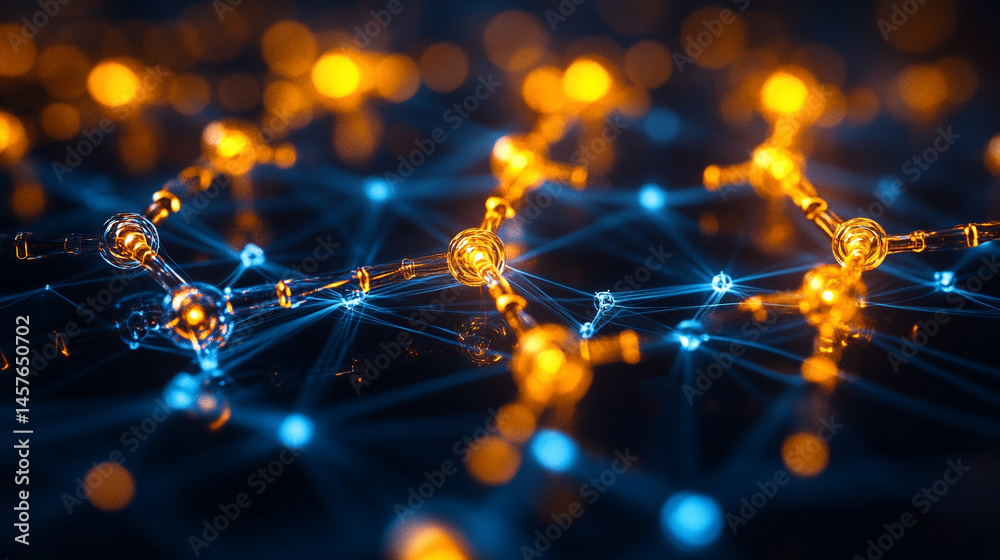 Close-up macro of a nanotechnology molecular fiber reveals intricate structure and interconnections, symbolizing innovation in advanced science, material engineering, biotechnology, and medicine.