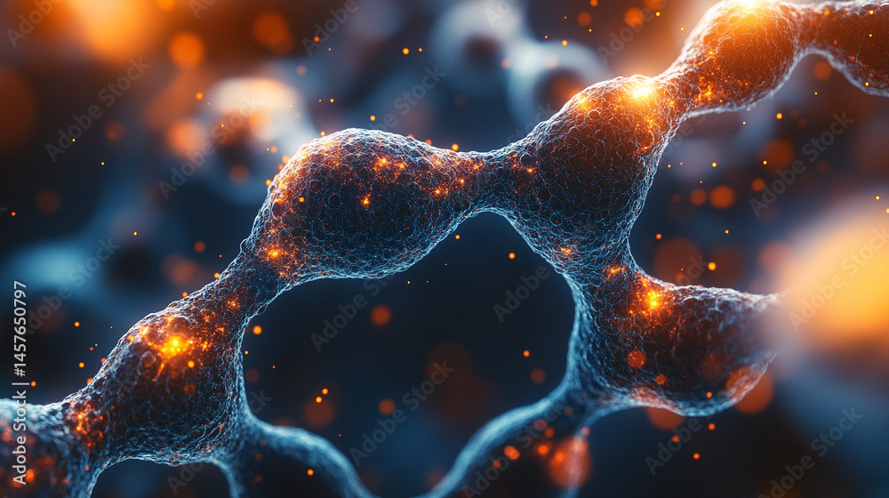 Close-up macro of a nanotechnology molecular fiber reveals intricate structure and interconnections, symbolizing innovation in advanced science, material engineering, biotechnology, and medicine.