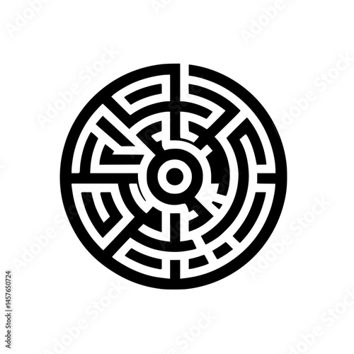 Black and White Circular Labyrinth: Maze Icon on White Background