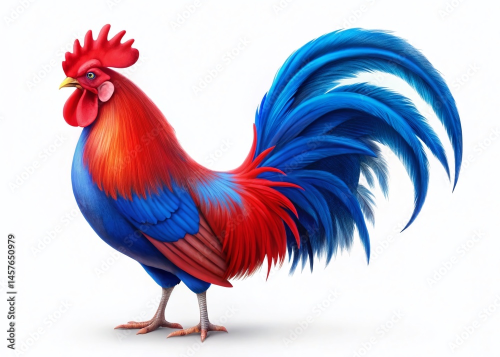 Fototapeta premium Cartoon Rooster Silhouette: Red Comb, Blue Tail Feathers, White Background