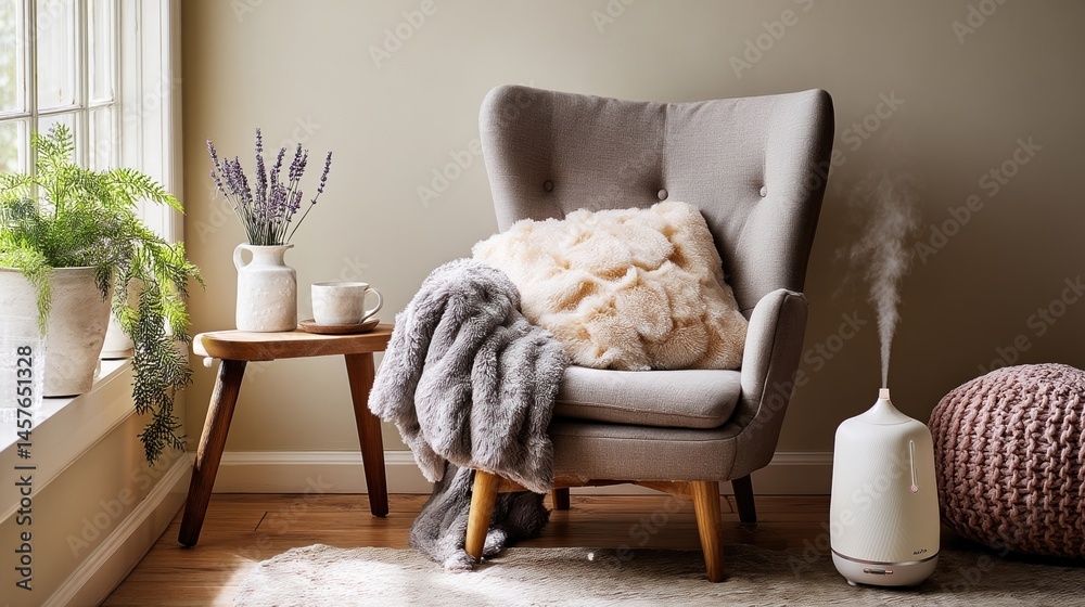 A cozy corner featuring a plush armchair a fluffy blanket and a steaming cup of herbal tea with a nearby diffuser emitting a soothing lavender scent.