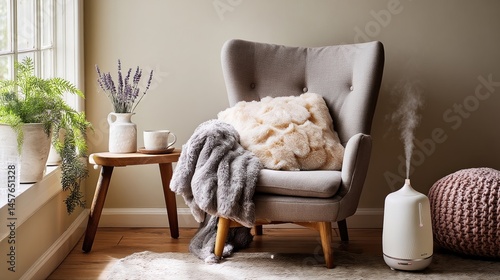 Obraz na płótnie A cozy corner featuring a plush armchair a fluffy blanket and a steaming cup of herbal tea with a nearby diffuser emitting a soothing lavender scent. w salonie