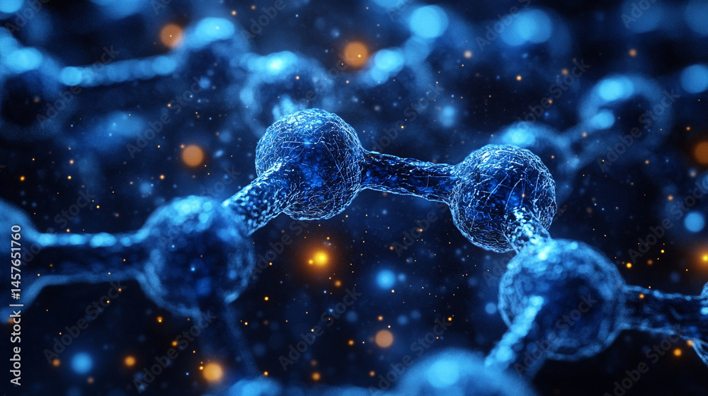 Close-up macro of a nanotechnology molecular fiber reveals intricate structure and interconnections, symbolizing innovation in advanced science, material engineering, biotechnology, and medicine.
