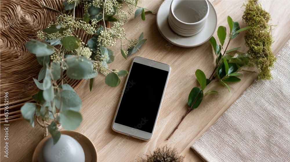 A closeup of a smartphone resting on a table with naturethemed decor around it symbolizing the choice to disconnect.