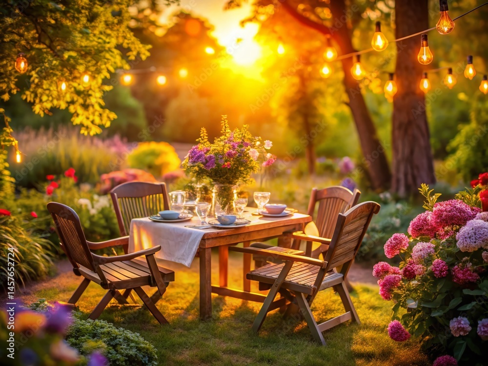 Fototapeta premium Charming Sunset Garden Dining: Tilt-Shift Miniature Table Setting with Vibrant Flowers