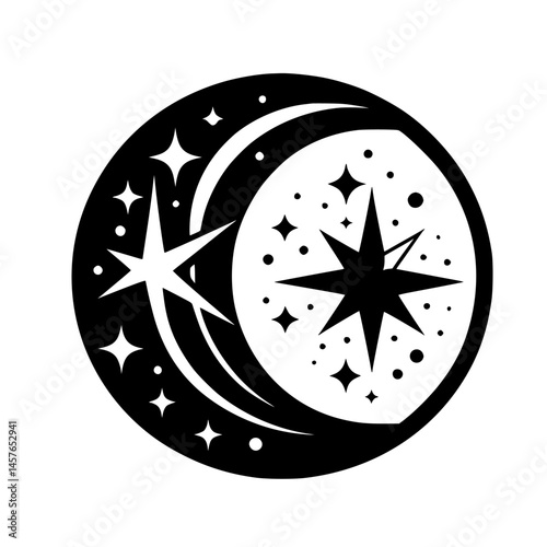 Celestial Circle: Crescent Moon, Stars, and Cosmic Elements Black and White Design