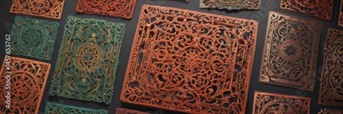 Vibrant die-cut cards, intricate laser-cut patterns, art, shape, texture
