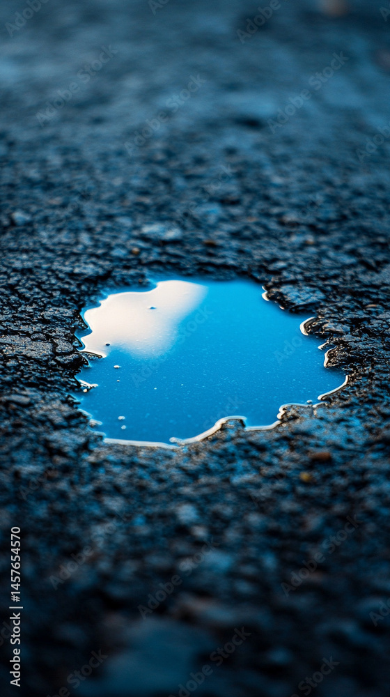 A small puddle on the ground reflects a vivid blue sky above, symbolizing optimism, clarity, and the promise of a brighter future despite humble or overlooked beginnings.