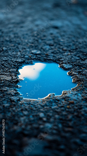 Obraz na płótnie A small puddle on the ground reflects a vivid blue sky above, symbolizing optimism, clarity, and the promise of a brighter future despite humble or overlooked beginnings.
w salonie