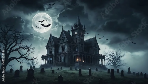 Eerie mansion bathed in moonlight, hovering bats and spooky graveyard creates frightening scene.