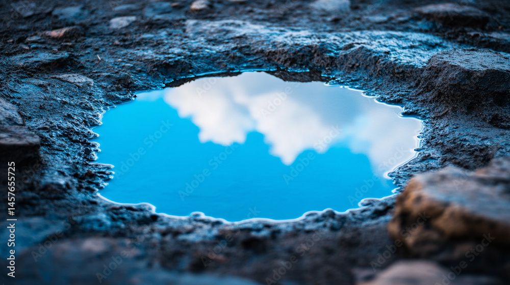 A small puddle on the ground reflects a vivid blue sky above, symbolizing optimism, clarity, and the promise of a brighter future despite humble or overlooked beginnings.