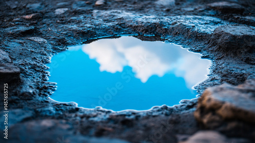 Obraz na płótnie A small puddle on the ground reflects a vivid blue sky above, symbolizing optimism, clarity, and the promise of a brighter future despite humble or overlooked beginnings.
w salonie