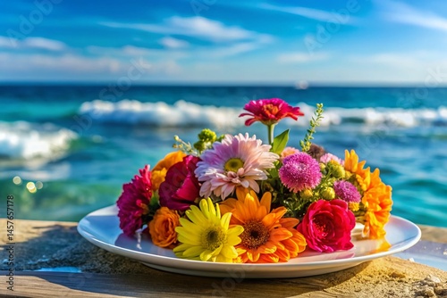 Close-up Floral Still Life: Delicate Blooms on Plate, Ocean Wave Background