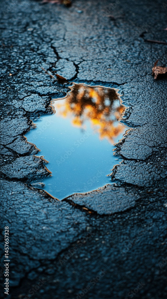 A small puddle on the ground reflects a vivid blue sky above, symbolizing optimism, clarity, and the promise of a brighter future despite humble or overlooked beginnings.