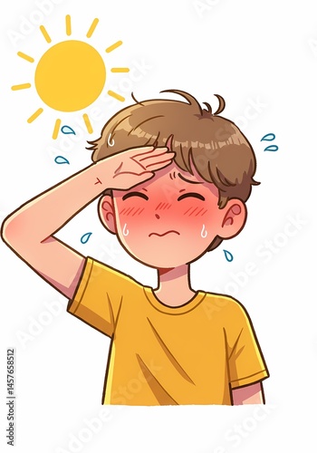 Cartoon illustration depicting a boy experiencing heat exhaustion under scorching sunlight, emphasizing the importance of hydration during extreme weather conditions