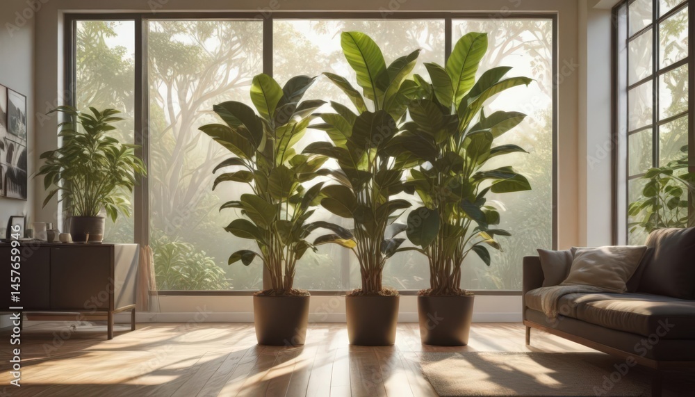 Fototapeta premium Large rubber plant in modern living room, sunlight streaming through window, natural light, plants