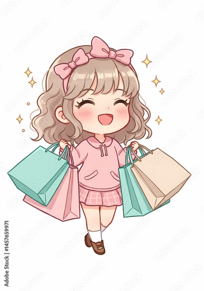 Fototapeta premium Delightful Chibi Shopper with Bags Gleaming, Radiating Happiness and Joyful Shopping Vibes, A Whimsical Image of Retail Therapy Enthusiasm, Expressing Consumerism