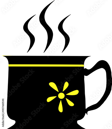 Black coffee cup icon with yellow flower and steam on white background
