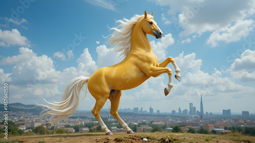 a beautiful horse dancing against the backdrop of a millionth city and sky, a yellow stallion with a white mane piaffe, strength and power embodied in a horse, a classical riding school in freedom