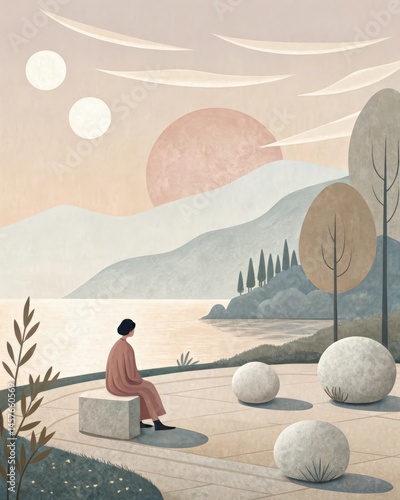 A minimalist design composed of simple shapes and neutral colors representing the therapeutic effects of art in promoting calmness and mindfulness a individuals.