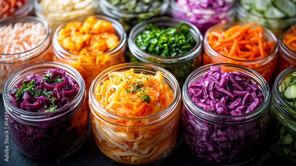 A vibrant collection of assorted fermented foods in clear glass jars, showcasing colorful fruits and vegetables symbolizing gut health, natural preservation, and probiotic rich nutrition.