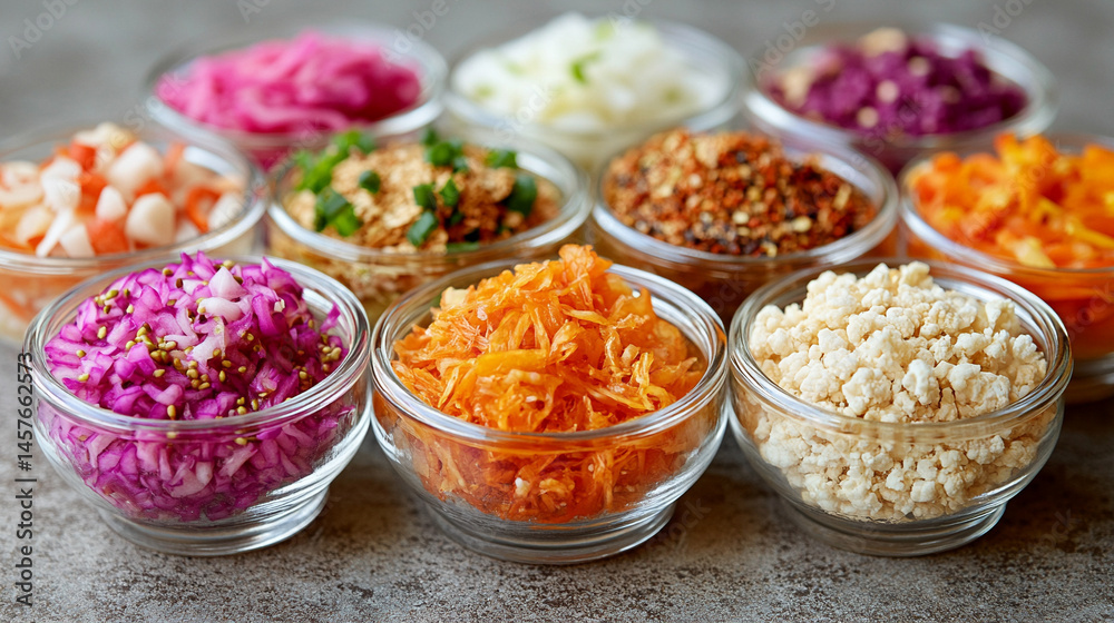 A vibrant collection of assorted fermented foods in clear glass jars, showcasing colorful fruits and vegetables symbolizing gut health, natural preservation, and probiotic rich nutrition.