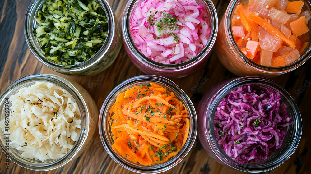 A vibrant collection of assorted fermented foods in clear glass jars, showcasing colorful fruits and vegetables symbolizing gut health, natural preservation, and probiotic rich nutrition.