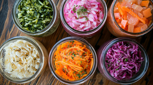 Obraz na płótnie A vibrant collection of assorted fermented foods in clear glass jars, showcasing colorful fruits and vegetables symbolizing gut health, natural preservation, and probiotic rich nutrition.
w salonie