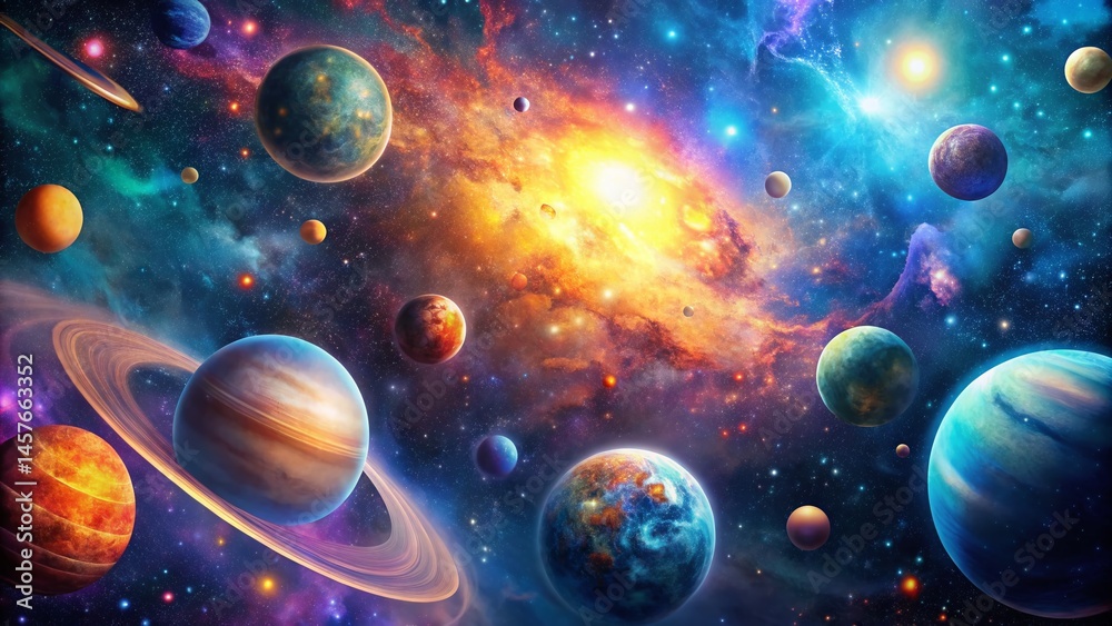 Naklejka premium Cosmic Planets Double Exposure Repeat Pattern: Celestial Textile Design