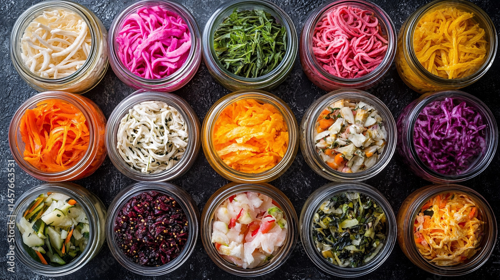 A vibrant collection of assorted fermented foods in clear glass jars, showcasing colorful fruits and vegetables symbolizing gut health, natural preservation, and probiotic rich nutrition.